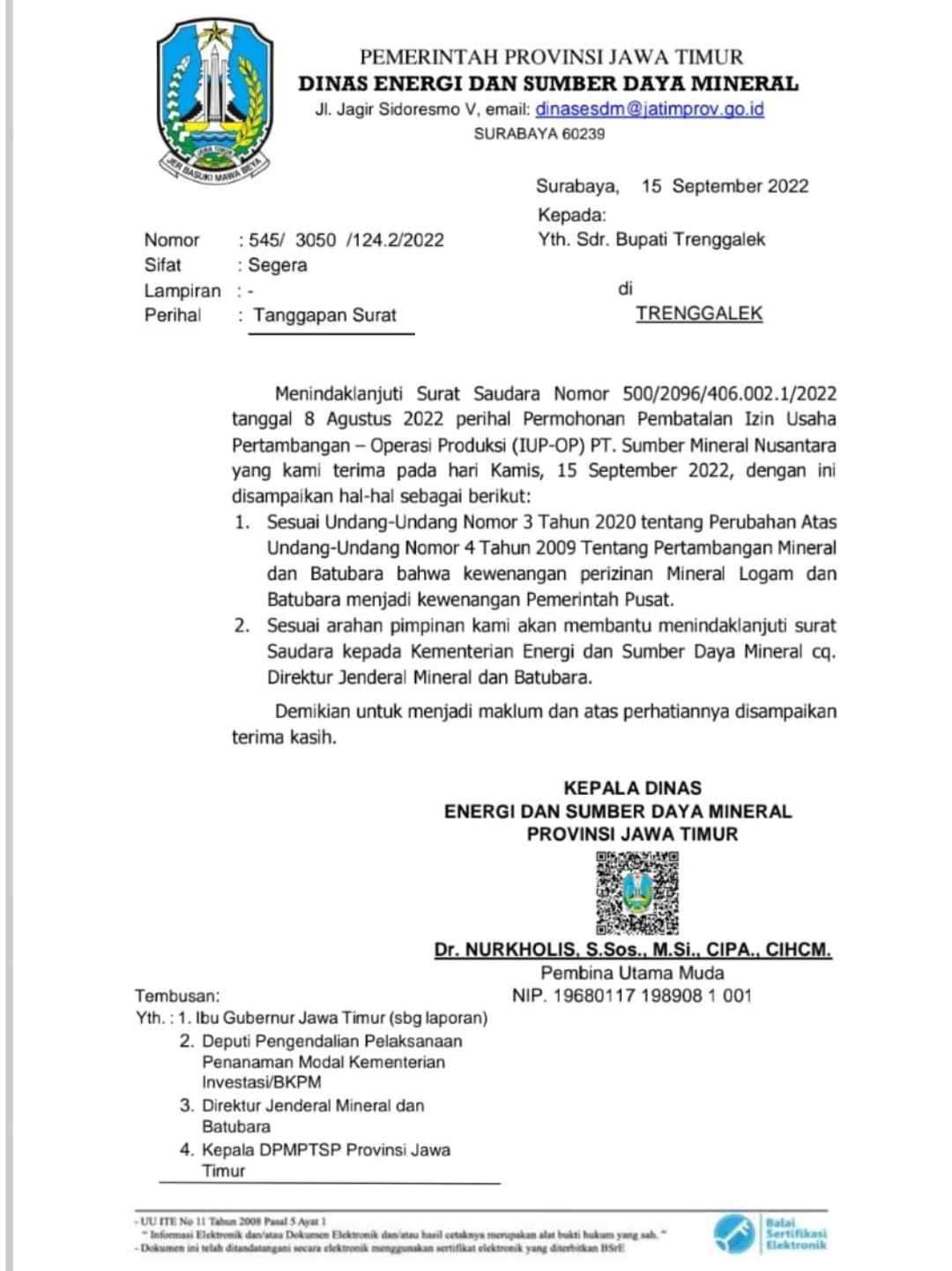 Ramai Tolak Tambang Emas Trenggalek di Akun Twitter Emil Dardak, Ini Duduk Perkaranya 1 Tanggapan Surat Bupati Trenggalek oleh Dinas ESDM Jatim