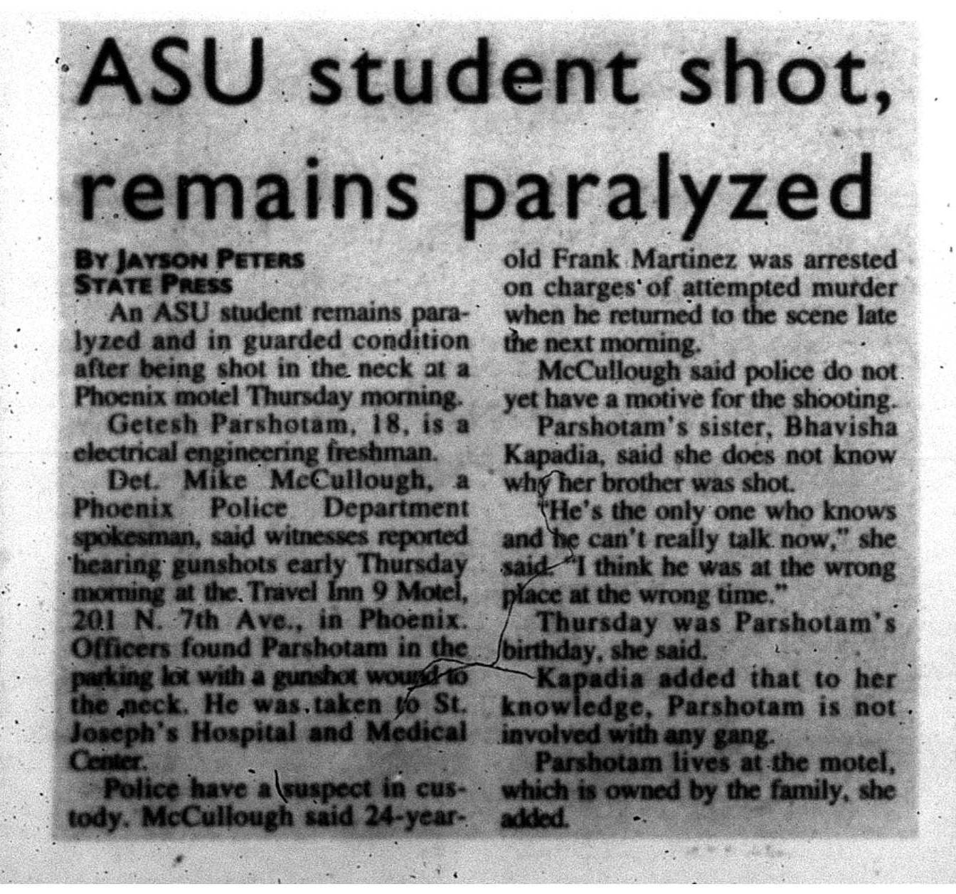 ASU student shot, remains paralyzed