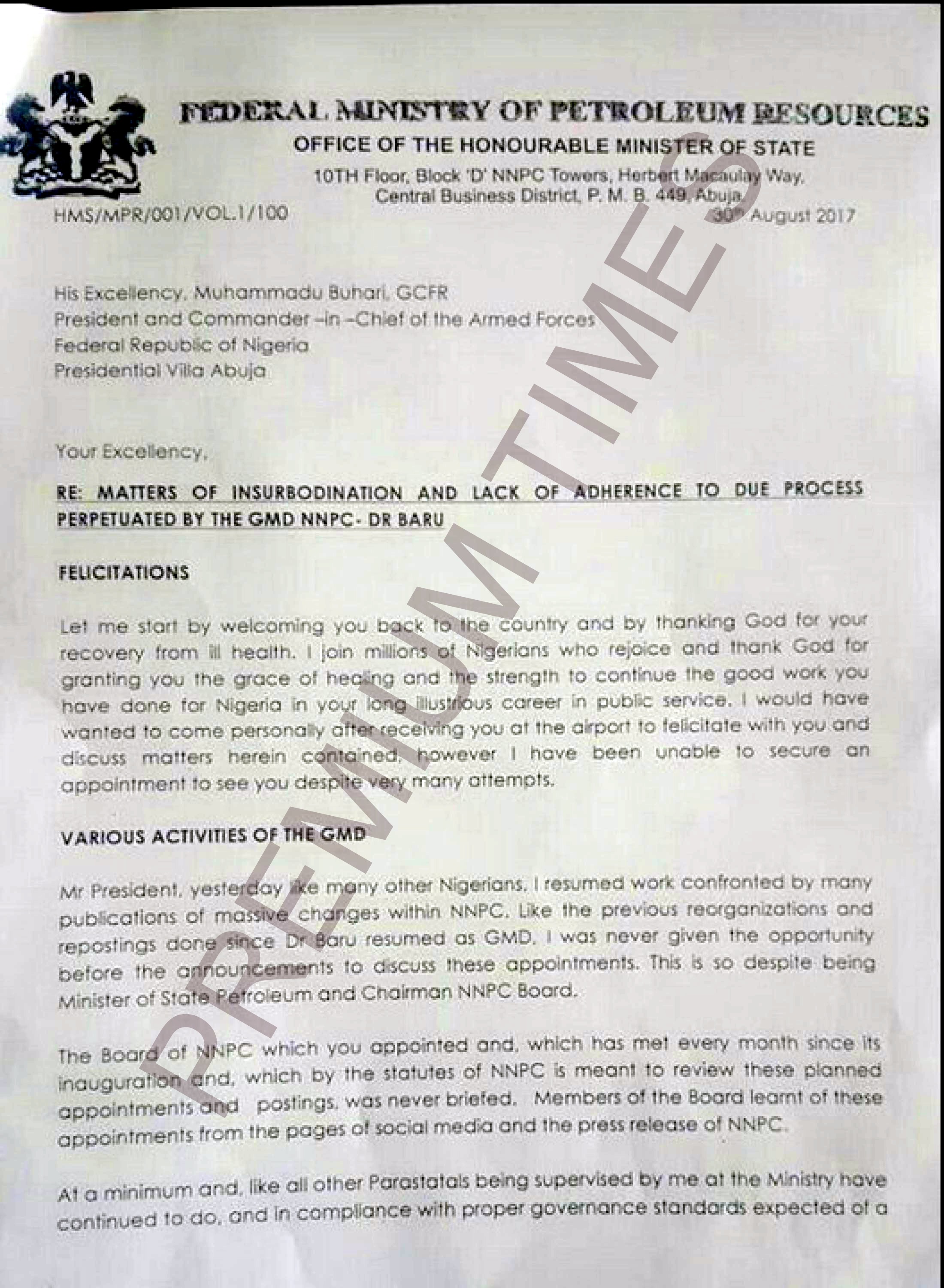 Kachikwu's Letter to PMB-1