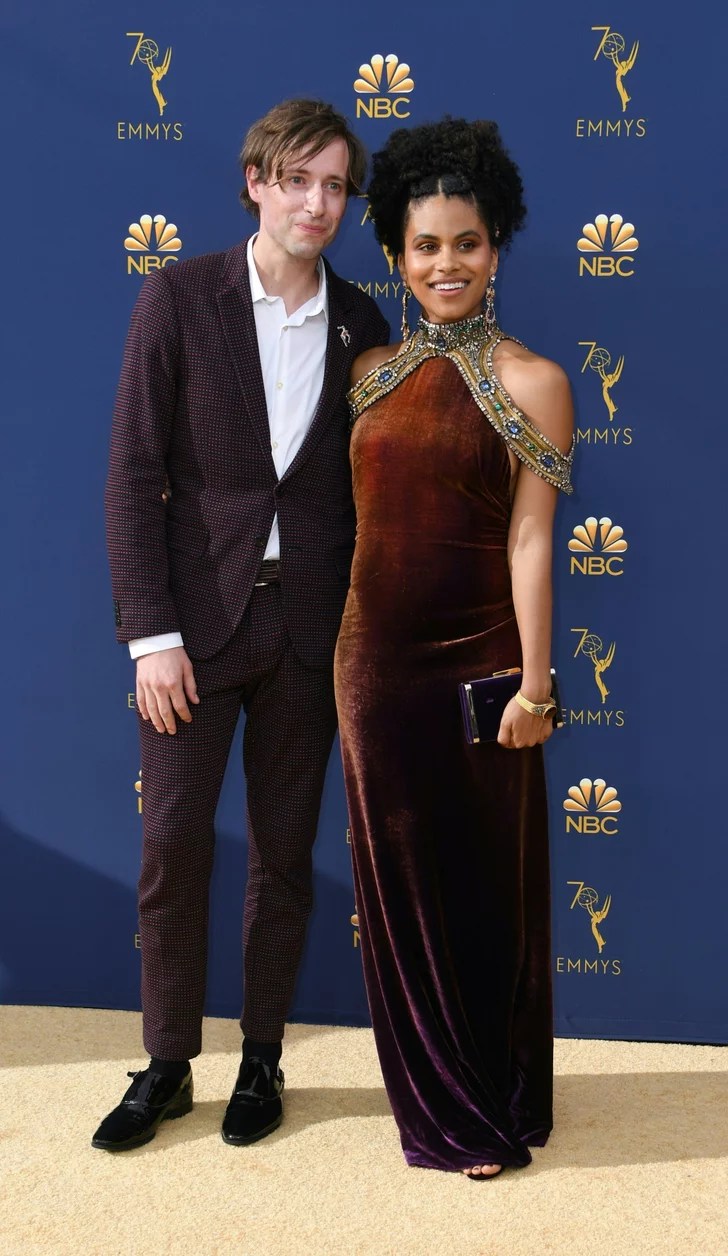 Zazie Beetz and boyfriend David Rysdahl Emmys Red Carpet Dresses 2018