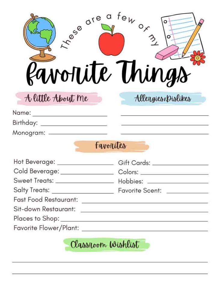 FREE! Printable Teacher Favorite Things Mindy Makes