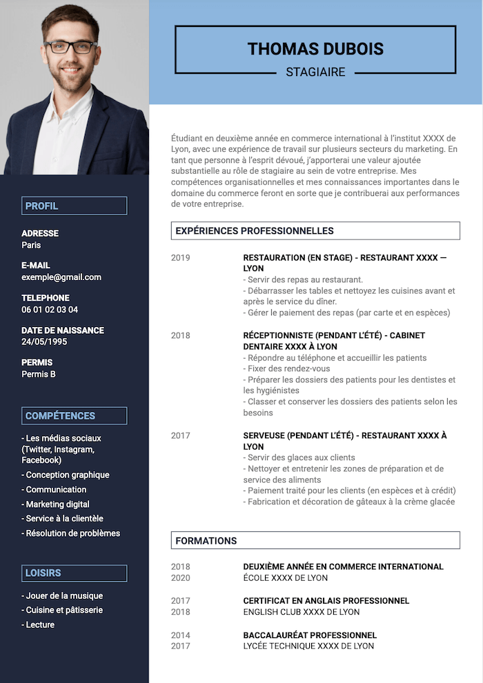 Exemple de CV pour un stage à télécharger et à remplir
