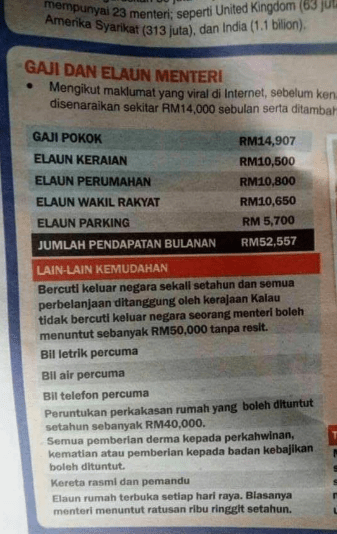 Gaji Elaun Menteri Bulanan