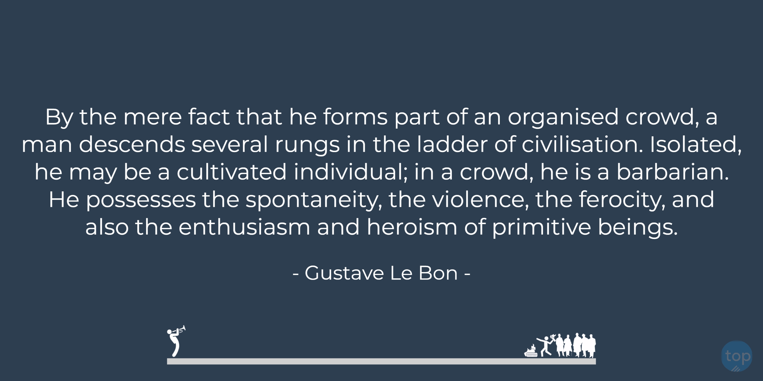 By the mere fact that he forms part of an organised crowd, a man descends several rungs in the ladder of civilisation. Isolated, he may be a cultivated individual; in a crowd, he is a barbarian. He possesses the spontaneity, the violence, the ferocity, and also the enthusiasm and heroism of primitive beings.  - Gustave Le Bon   quote