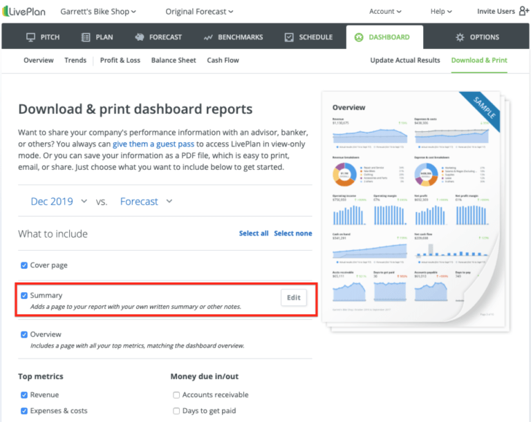 Add a Written Summary to Your LivePlan Dashboard Reports