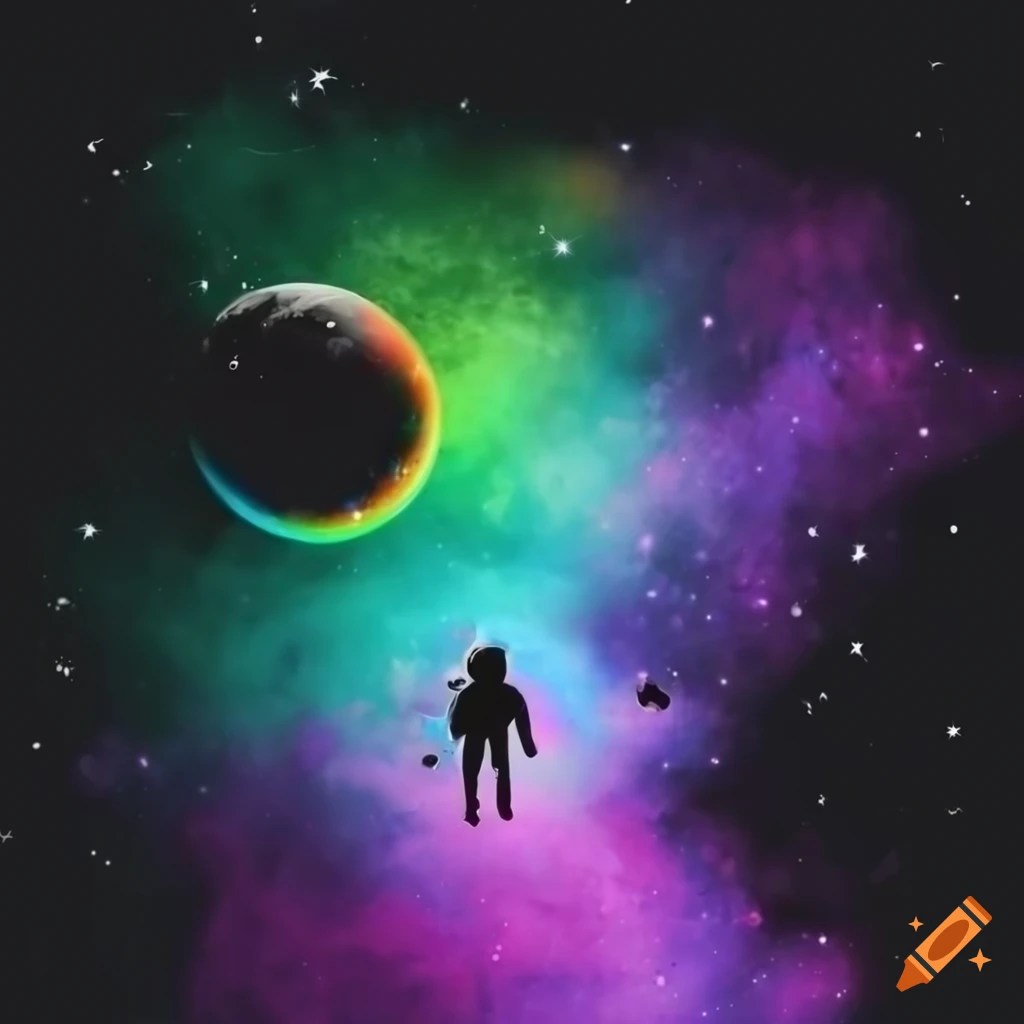 Black and white space background with astronaut and rainbow colors