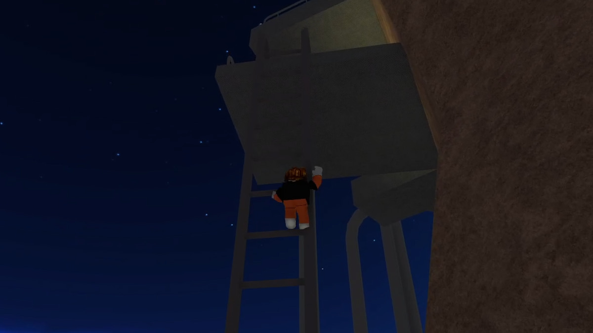 The player climbing a tower in Roblox Barry's Prison Run