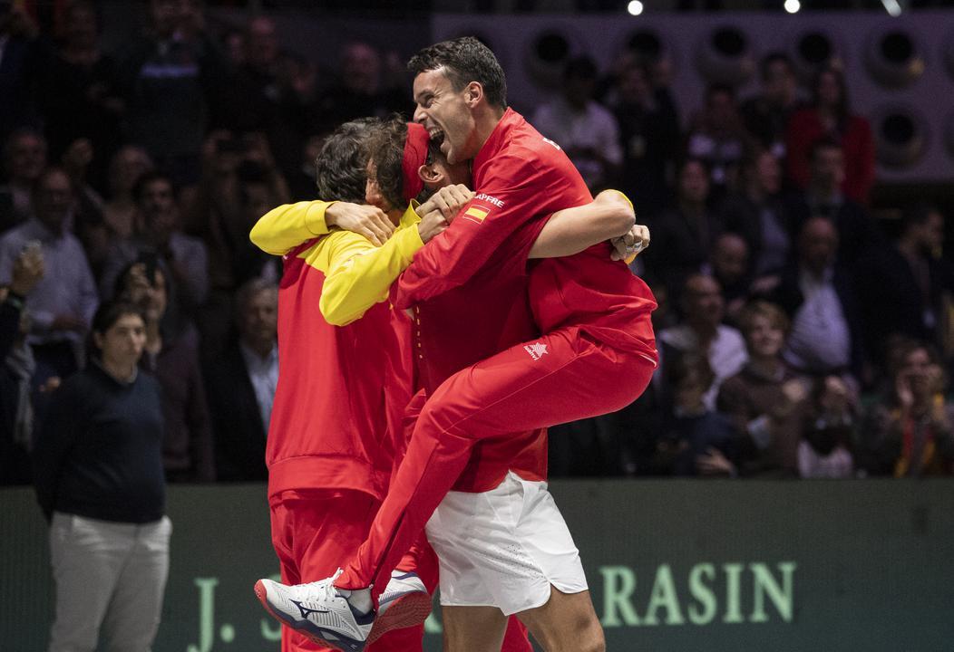 Spain’s Rafael Nadal and Roberto Bautista embrace moments after winning the 2019 Davis Cup.