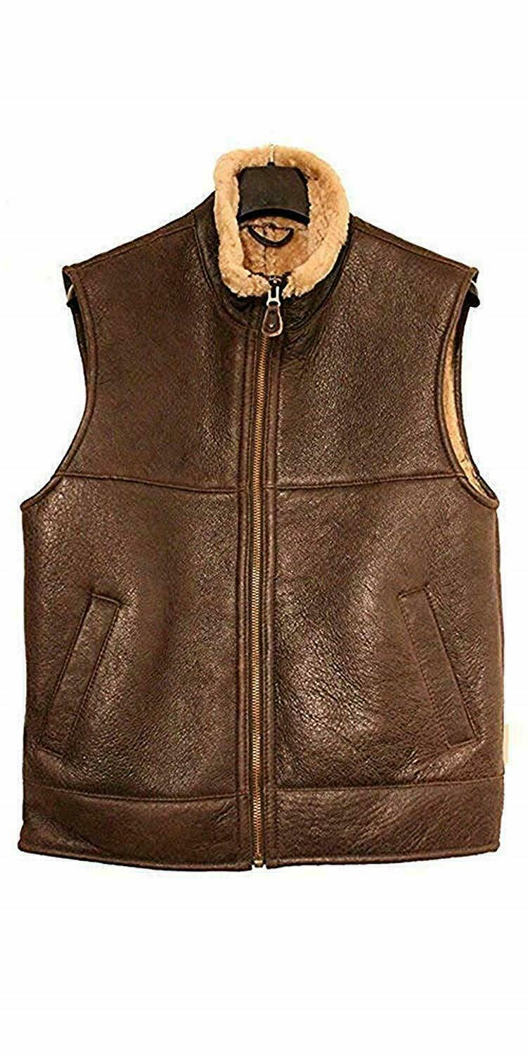 Men Bomber Real Sheepskin Shearling Pilot Aviator Winter Brown Leather