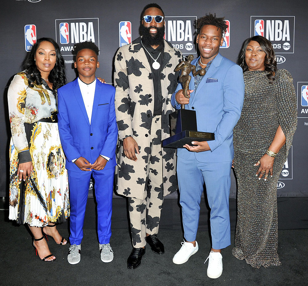 James Harden (C), winner of the 20172018 MVP award, poses with his mom