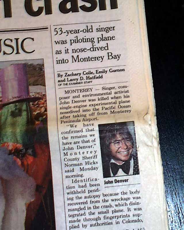 Death of John Denver, in a newspaper close to where he died