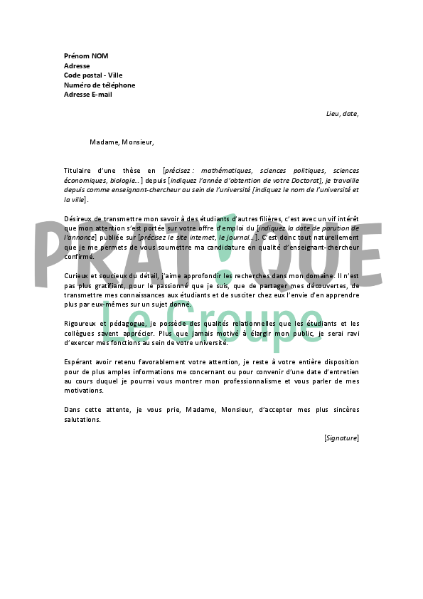 Lettre de motivation pour un emploi d’enseignantchercheur