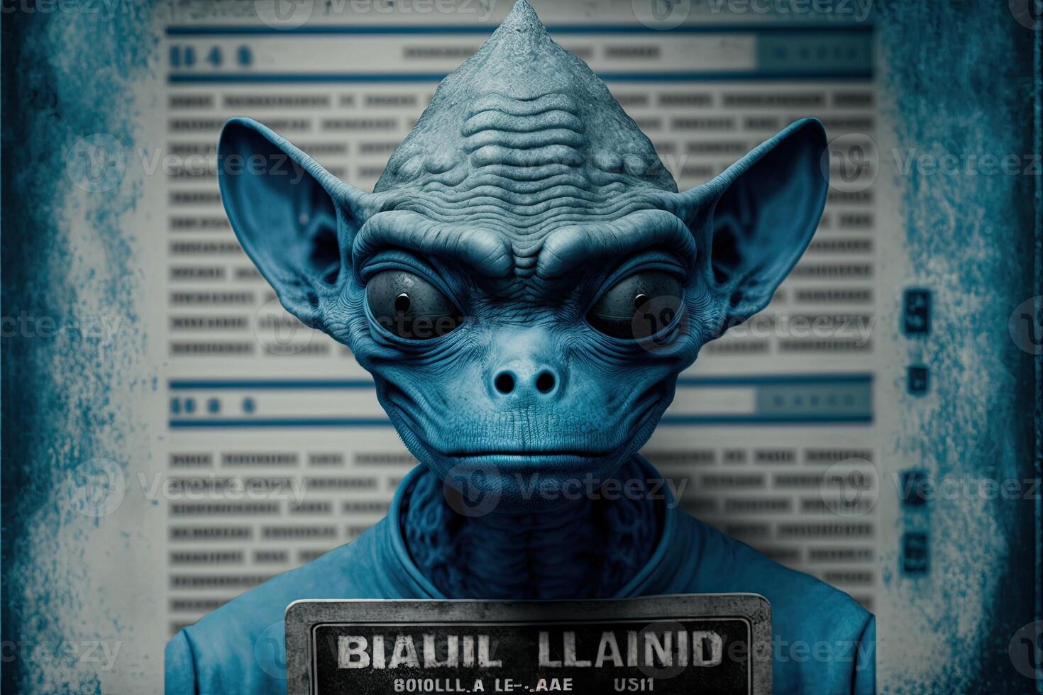 blue Humanoid Alien Identification Plate in front of Police Lineup or