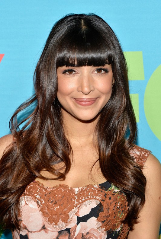 Hannah Simone Long Black to Brown Ombre Wavy Hairstyle with Blunt Bangs