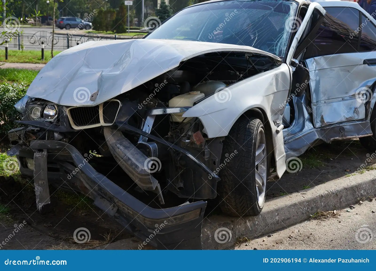 Silver Car after a Horrible Crash Accident. Stock Photo Image of