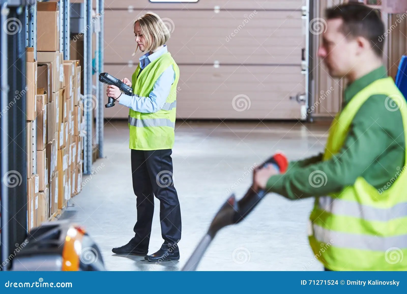 Warehouse Management System. Workers With Barcode Scanner