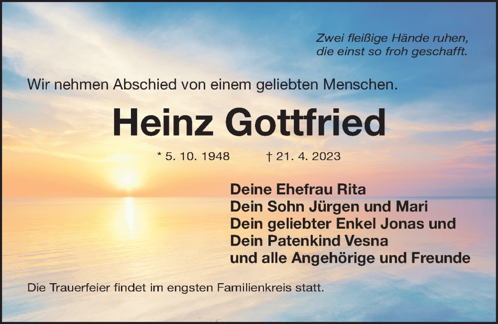 Traueranzeigen von Heinz Gottfried trauer.nn.de