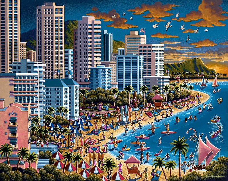 1920x1080px, 1080P free download Waikiki, art, hawaii, beach