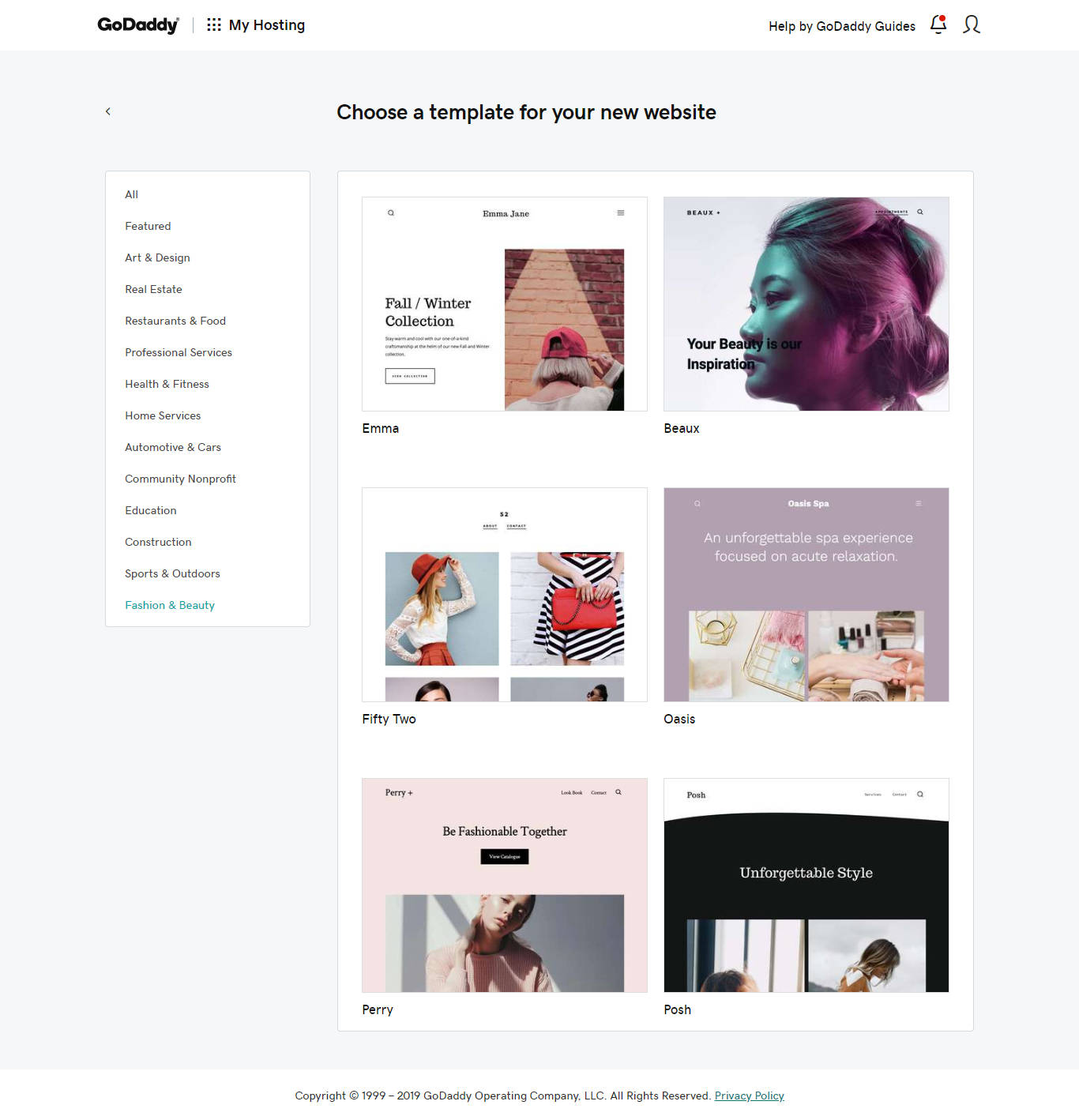 Theme selection for GoDaddy's managed WordPress hosting.
