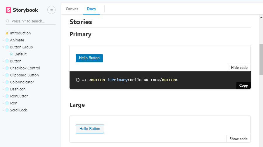 Gutenberg components Storybook screenshot.