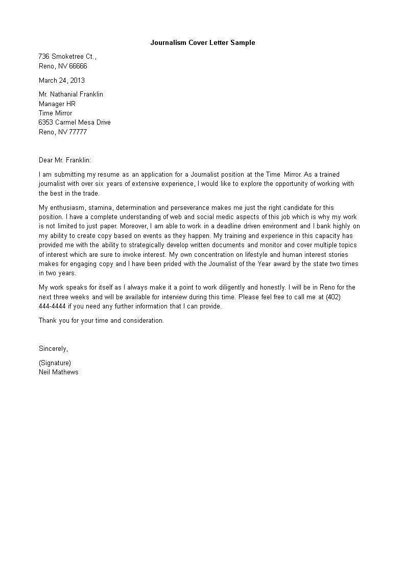Cover Letter Sample For Journalist 100+ Cover Letter Samples