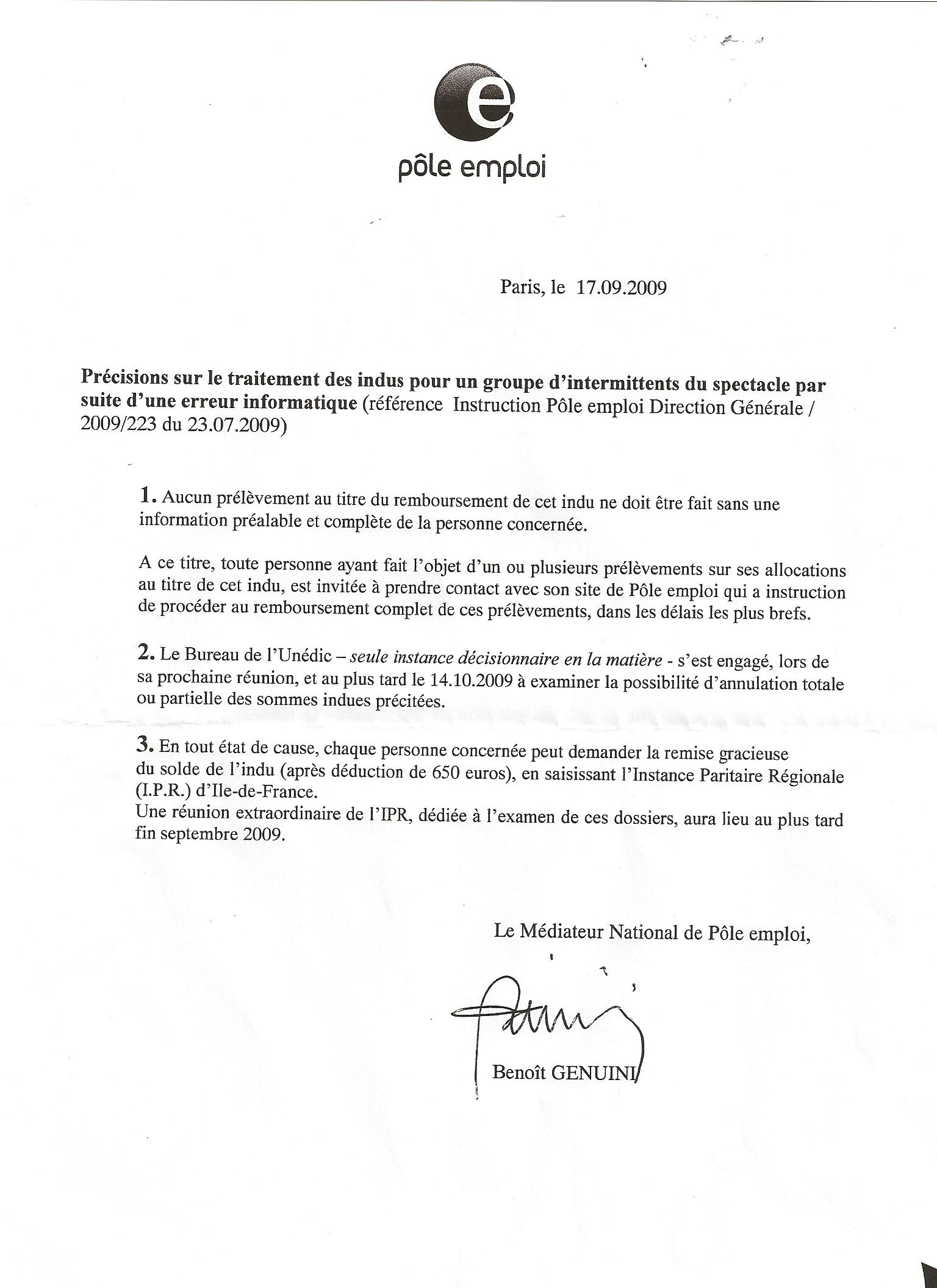 trop percu pole emploi modele lettre