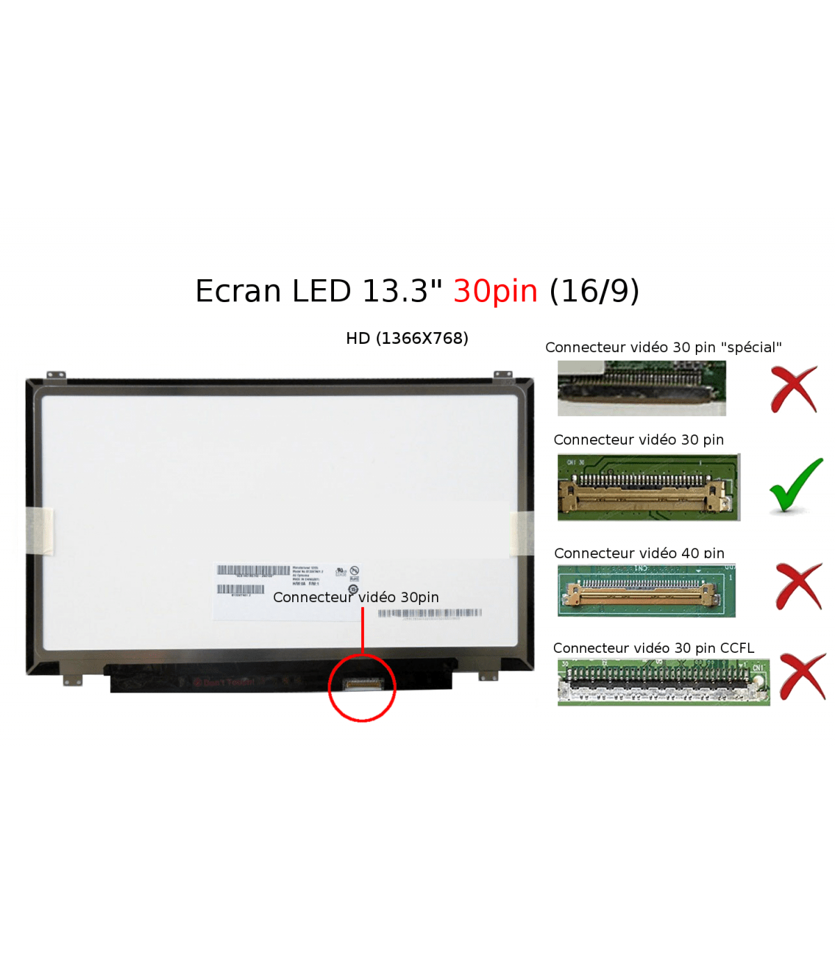 Dalle PC portable, écran,13.3" Slim 30pin HD