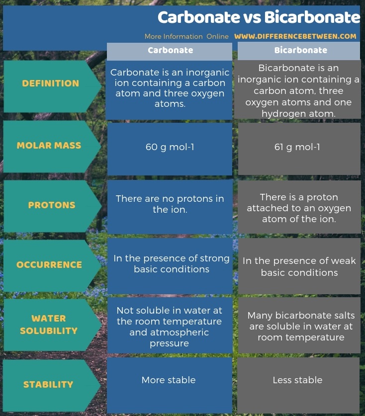 Difference Between Carbonate and Bicarbonate in Tabular Form