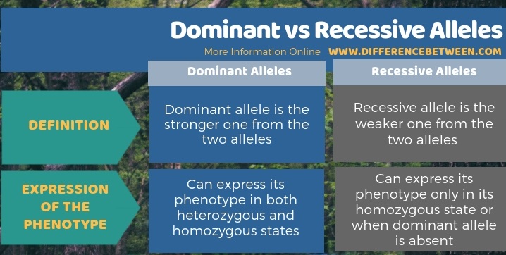 Difference Between Dominant and Recessive Alleles in Tabular Form