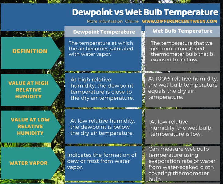 Difference Between Dewpoint and Wet Bulb Temperature in Tabular Form