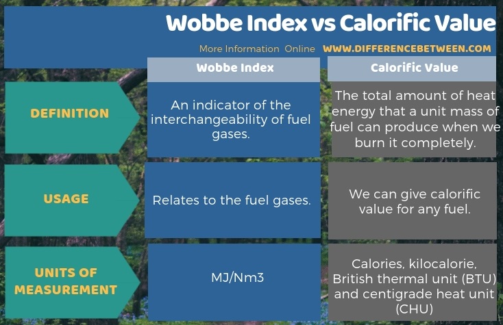 Difference Between Wobbe Index and Calorific Value in Tabular Form