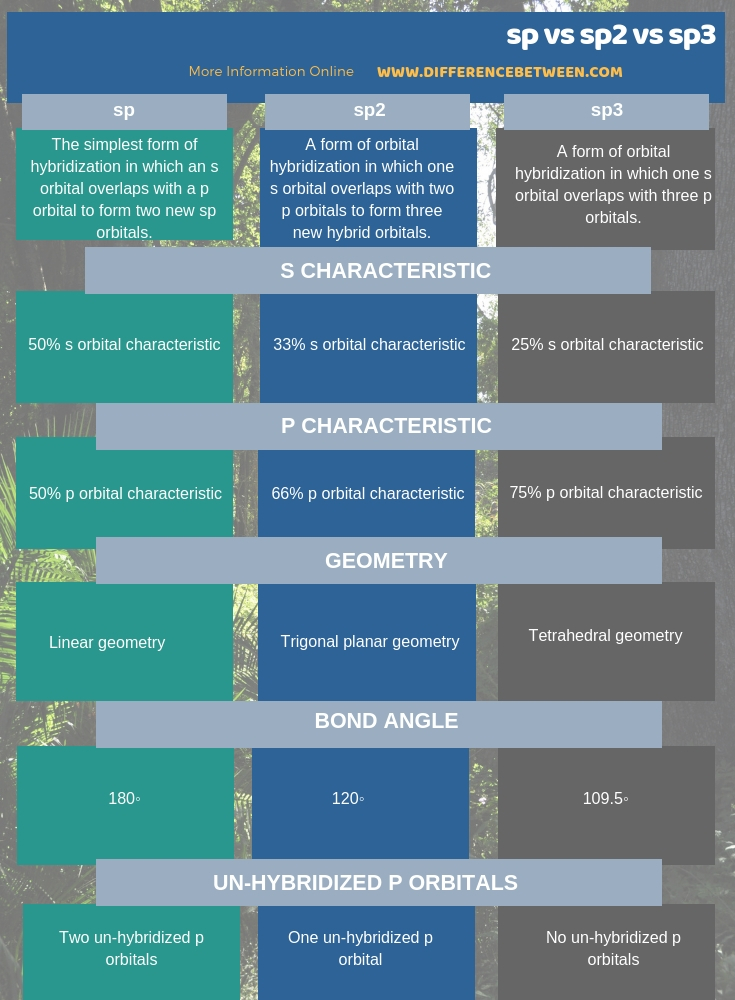 Difference Between sp sp2 and sp3 in Tabular Form