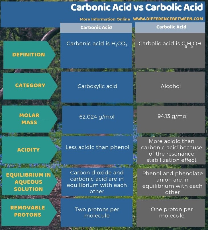 Difference Between Carbonic Acid and Carbolic Acid in Tabular Form