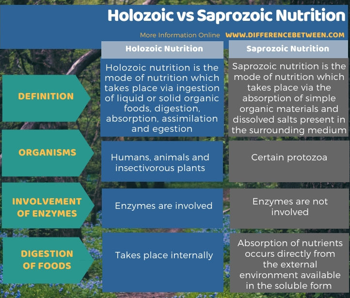 Difference Between Holozoic and Saprozoic Nutrition in Tabular Form