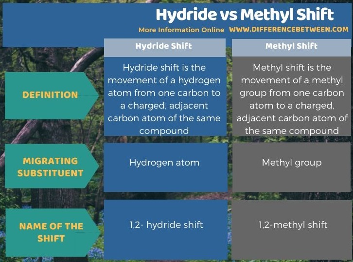 Difference Between Hydride and Methyl Shift in Tabular Form