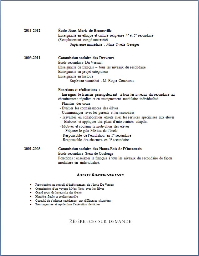 exemple d un cv pour un enseignant