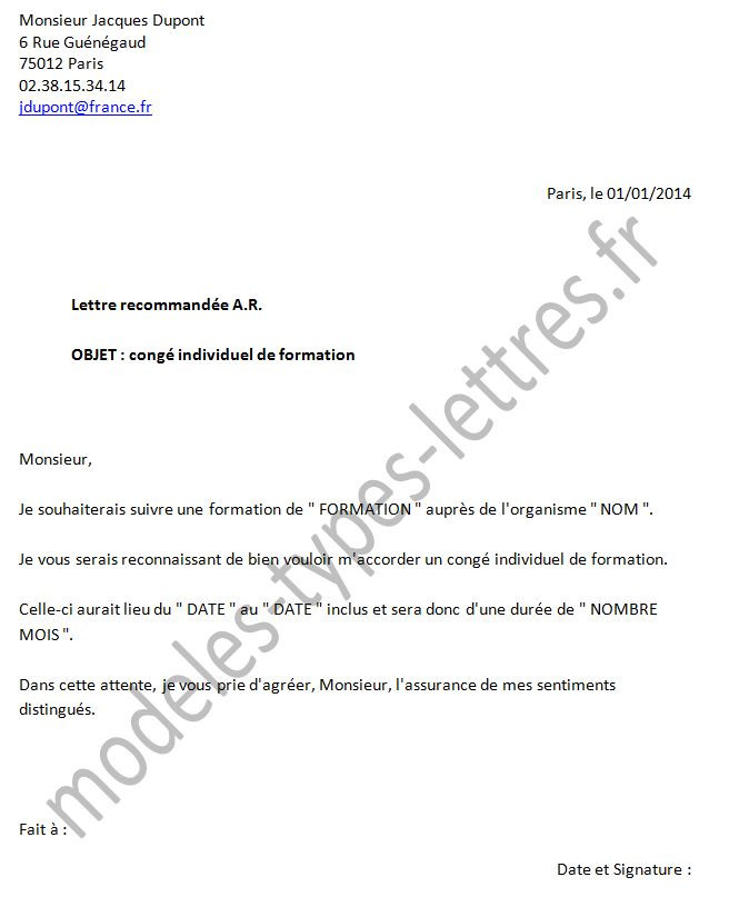 lettre de demande de conge individuel de formation