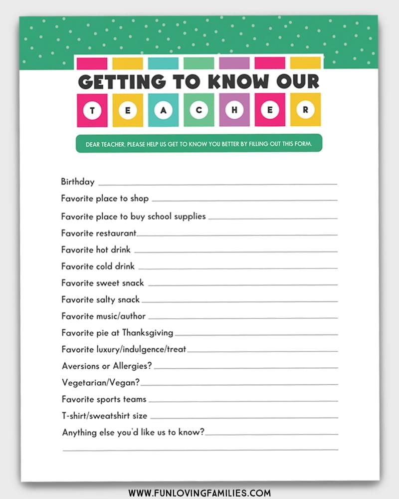 3 Teacher Favorite Things Printable Questionnaires for Teacher Gifts