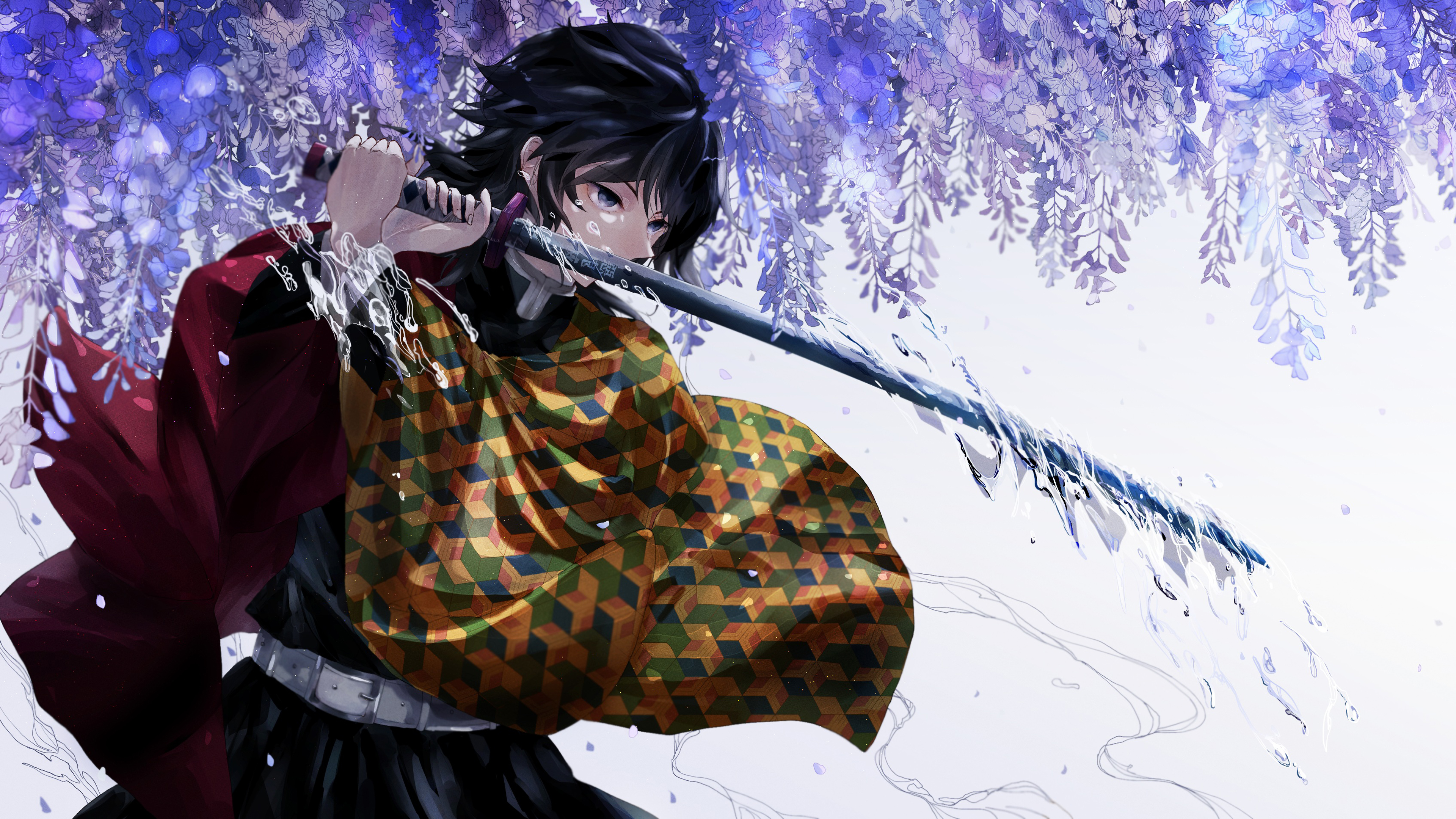 Demon Slayer Giyuu Tomioka With A Long Sharp Sword Under Purple Flowers