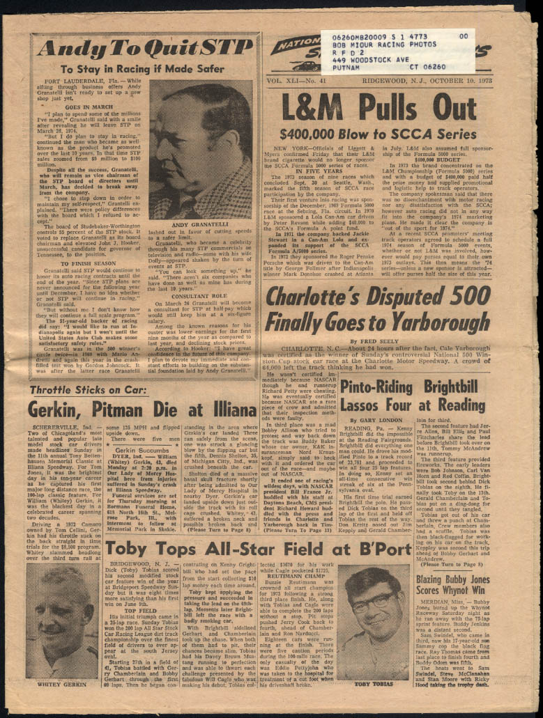 NATIONAL SPEED SPORT NEWS 10/10 1973 Grantelli Charlotte 500 Nazareth