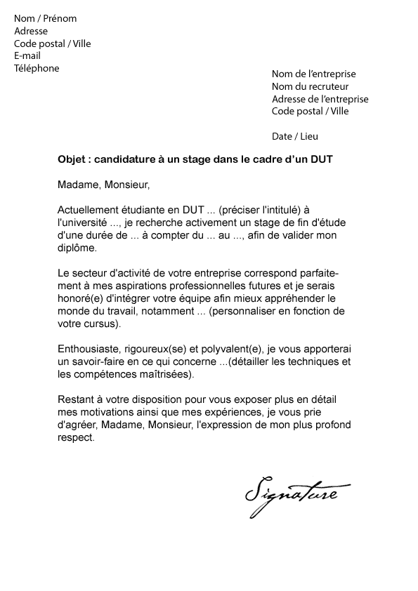 modele de lettre motivation pour un stage