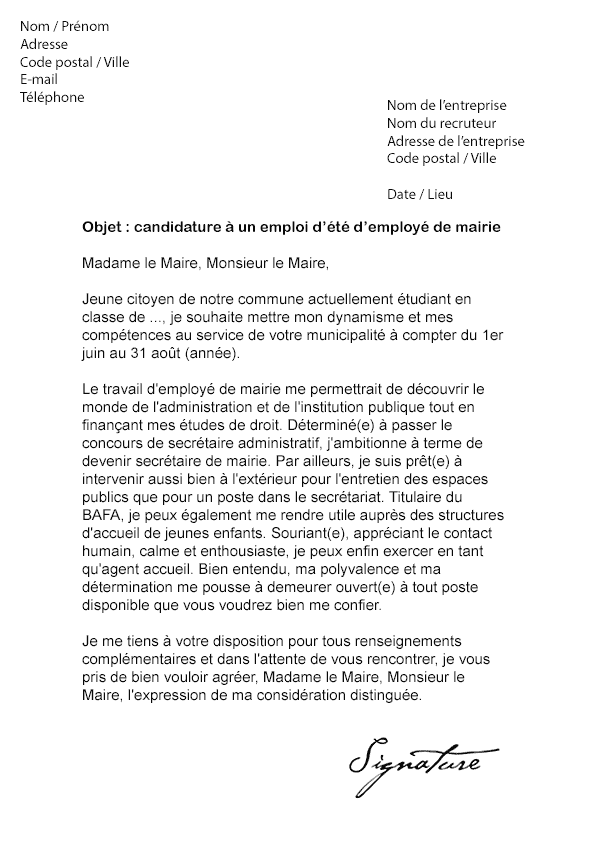 Lettre de motivation Job d'été Mairie Modèle de Lettre