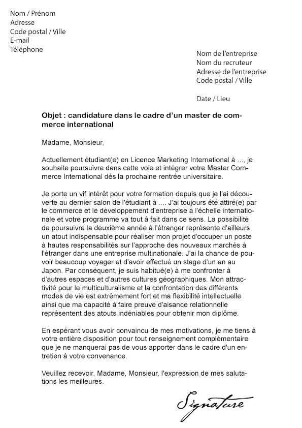 exemple lettre de motivation master 1 management