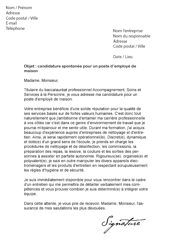 modele lettre de motivation employe de maison