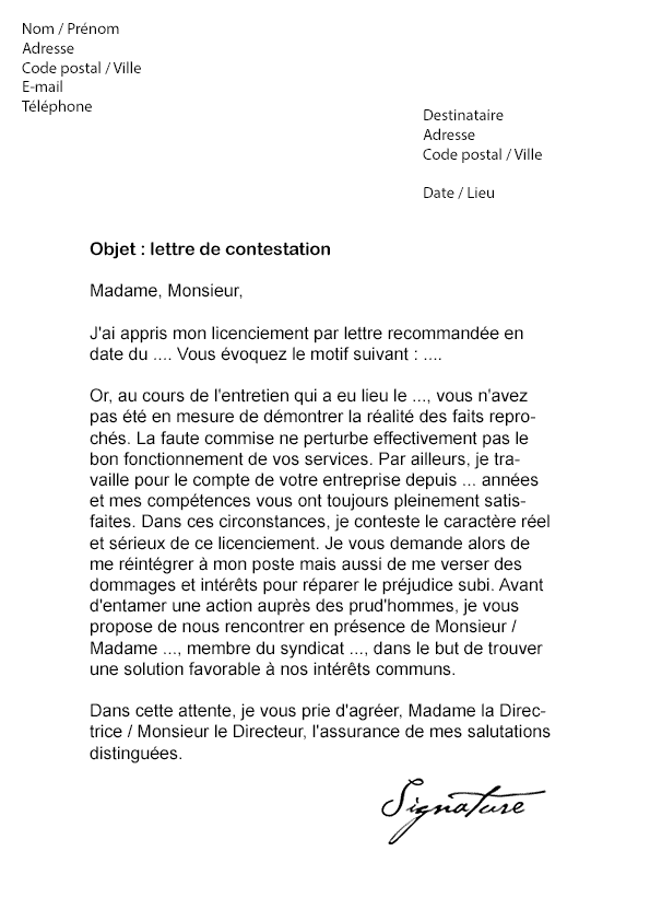 modele lettre licenciement pour cause reelle et serieuse