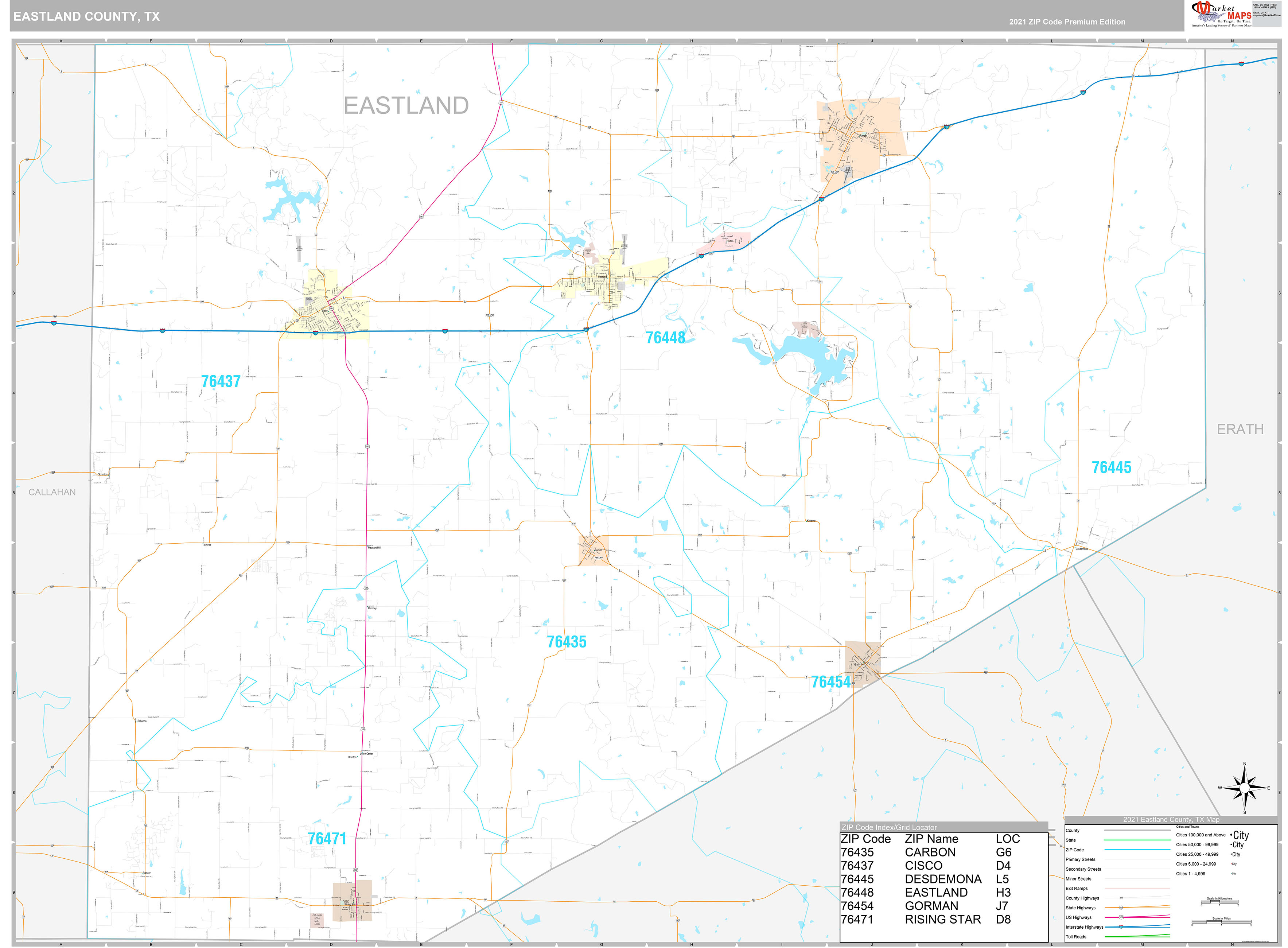 Eastland County, TX Wall Map Premium Style by MarketMAPS MapSales