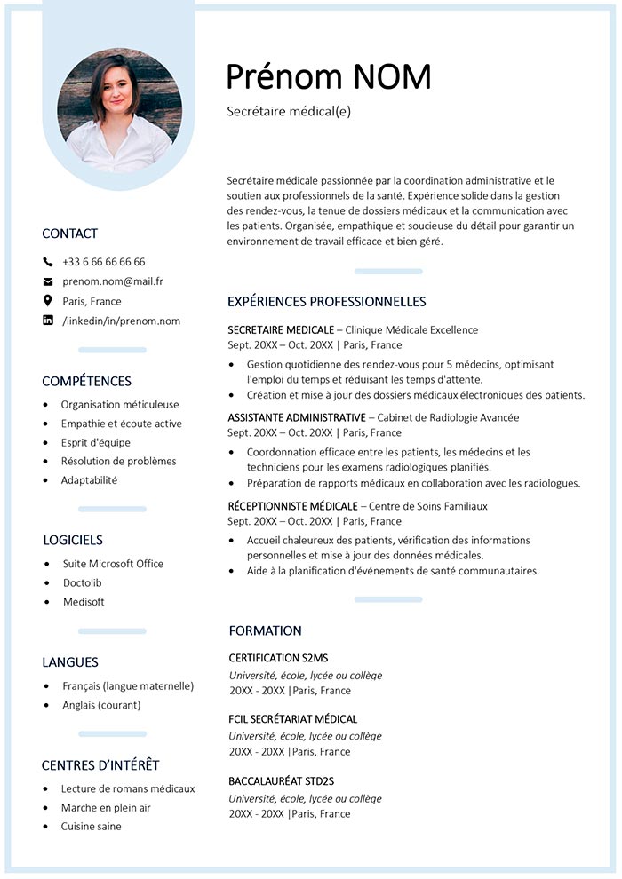 Modèle de CV pour Secrétaire Médicale Gratuit CV Word