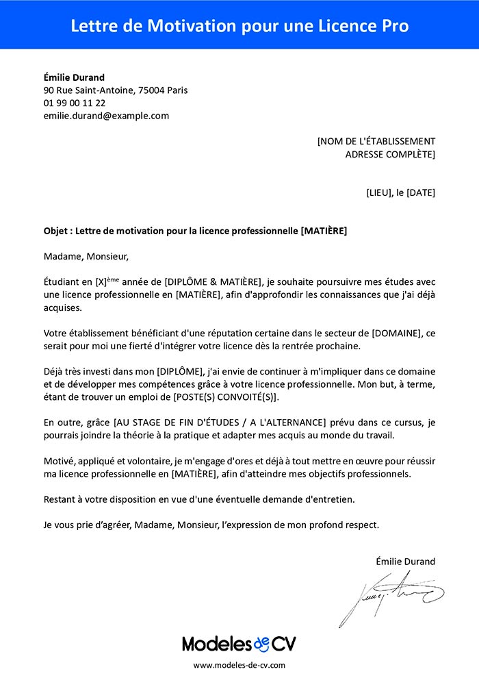 Exemple de Lettre de Motivation pour Licence Pro Gratuit