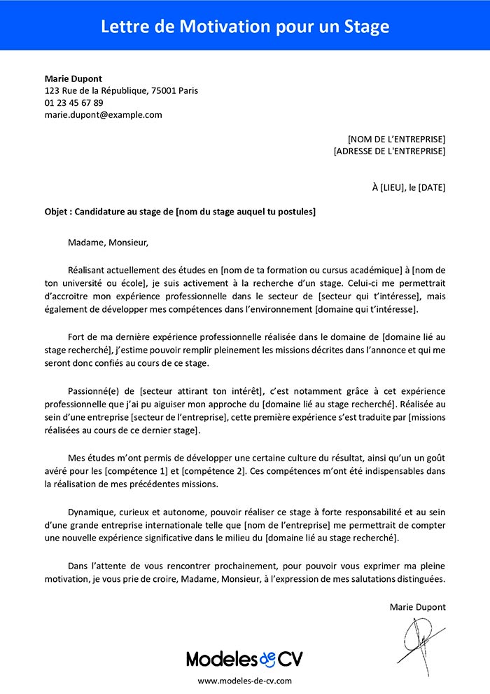 Exemples de Lettre de Motivation pour un Stage Lettre