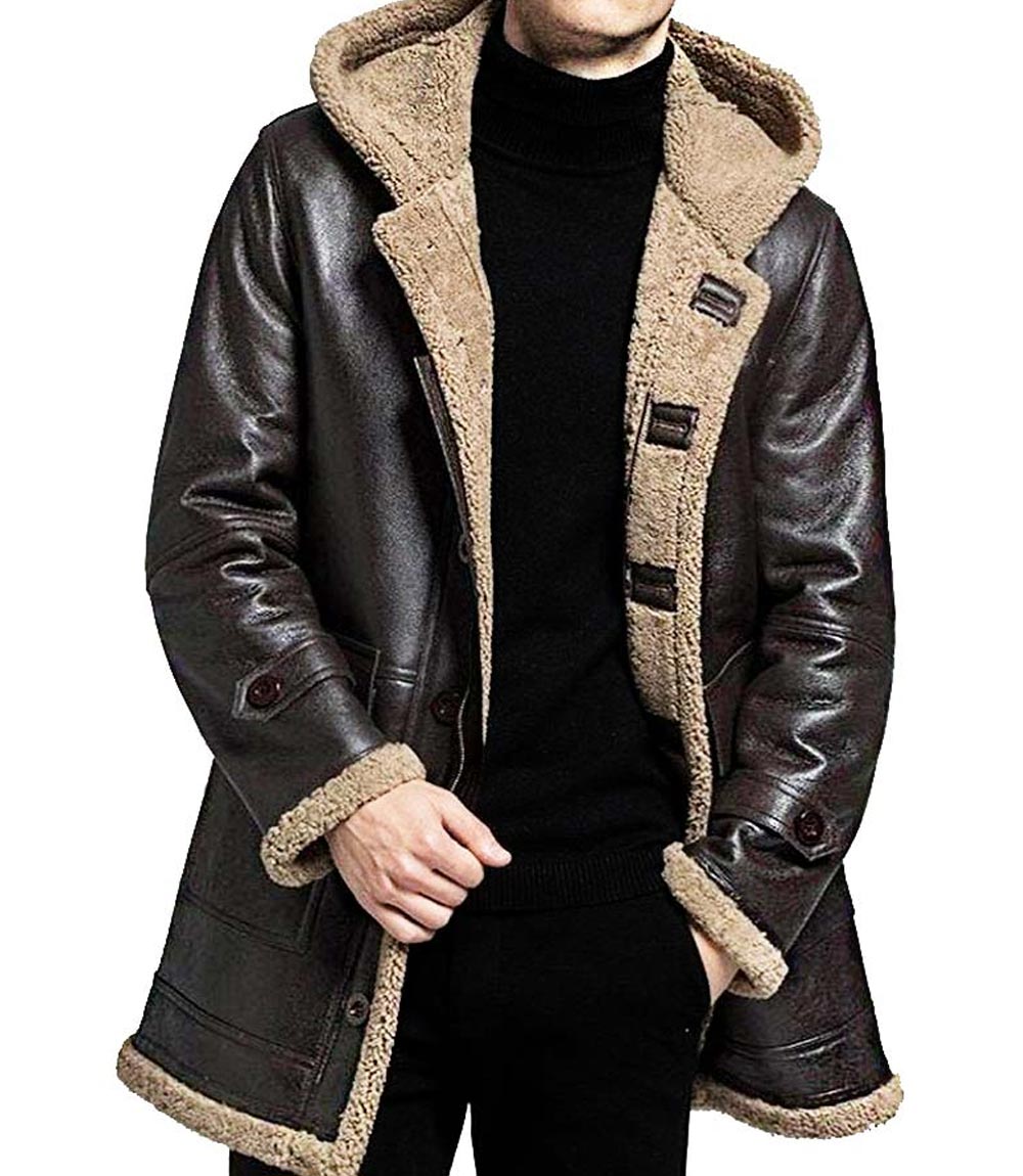 Mens RAF B3 Brown Bomber Shearling Fur Genuine Leather Jacket Winter Coat